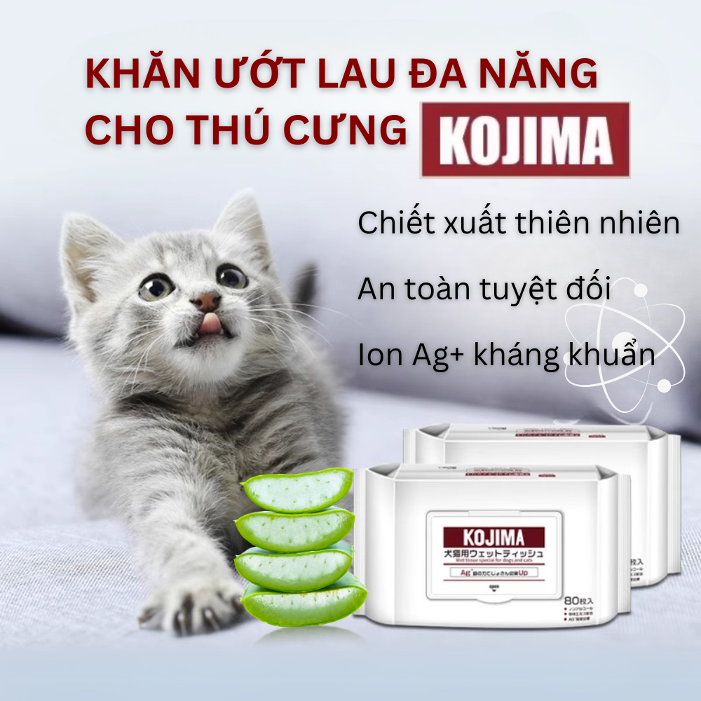 Giấy ướt đa năng cho thú cưng KOJIMA, Khăn ướt vệ sinh chó mèo kháng khuẩn (Bịch 80 Tờ & 100 Tờ)
