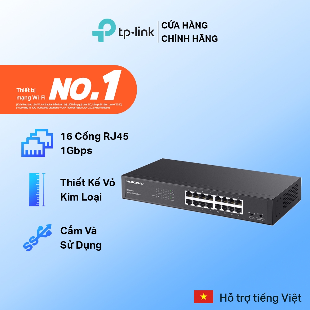 Switch Gigabit Mercusys MS116GS 16 Cổng 10/100/1000Mbps, Quản Lý QoS, Chống Loop, Vỏ Kim Loại