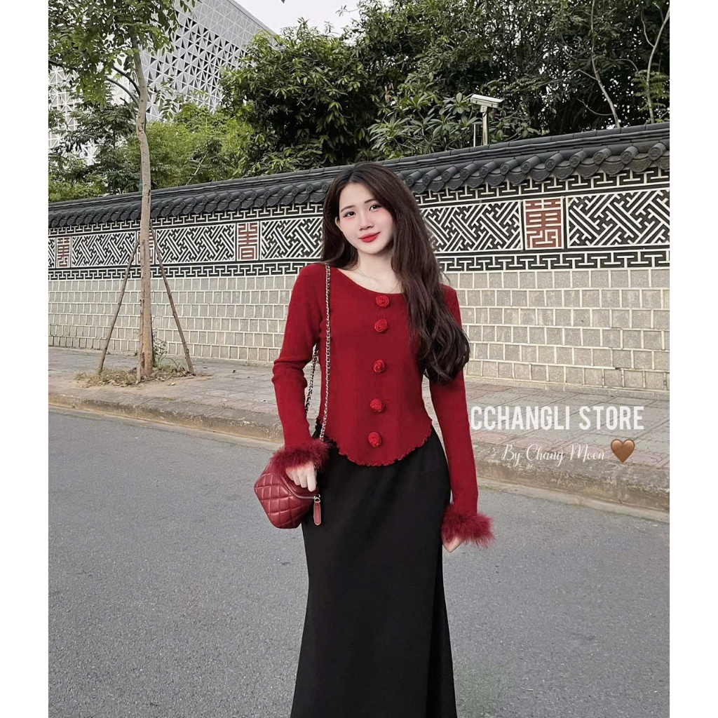 Set thời trang nữ, set áo thun gân đỏ tay dài phối lông đính bông mix chân váy đuôi cá ôm body dx