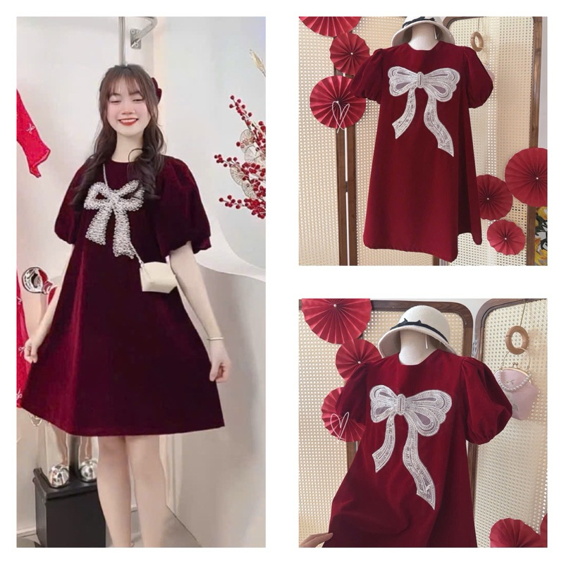 Đầm Tết, đầm nhung đỏ tay bồng đính nơ đá ( có sẵn )