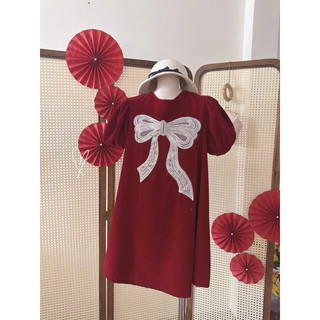 Đầm Tết, đầm nhung đỏ tay bồng đính nơ đá ( có sẵn )