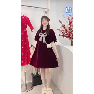 Đầm Tết, đầm nhung đỏ tay bồng đính nơ đá ( có sẵn )
