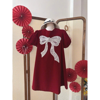 Đầm Tết, đầm nhung đỏ tay bồng đính nơ đá ( có sẵn )