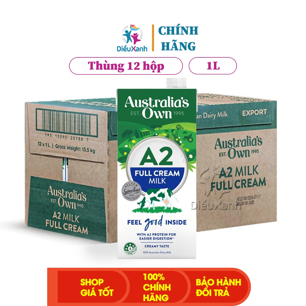 [ Thùng 12 Hộp ] Sữa Australia's Own A2 - Hộp 1L - Sữa Tươi Tiệt Trùng Không Đường Nhập Khẩu Úc