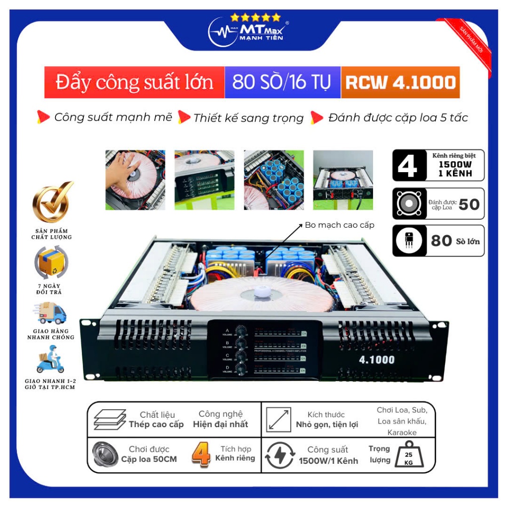 [PHIÊN BẢN MỚI] Cục Đẩy Công Suất 4 Kênh RCW 4.1000, 80 sò, 16 tụ, 1500W x 4CH, Đánh Được Loa Bass 5