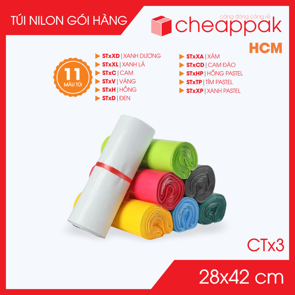 CT3 - 28x42 cm - Combo 100 túi nilon gói hàng 1 lớp - Nhiều màu, túi niêm phong giao hàng