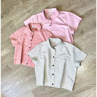 Áo sơ mi croptop linen- thô thêu ngắn tay cổ sen - áo sơ mi dáng ngắn tay ngắn ( dài áo 42-46)