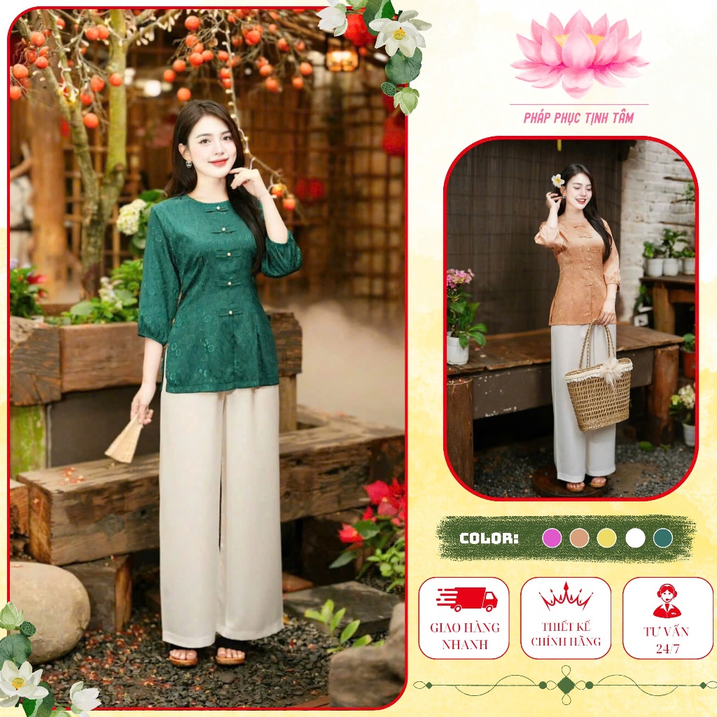 HOT Đồ Lam Đi Chùa Tịnh Tâm, Pháp phục nữ lụa túi tiền, lụa tuyết nhung, Size 40-65kg,4 size S,M,L,XL