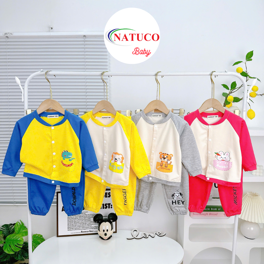 Set Bộ Quần Áo Dài Tay Cotton Da Cá NATUCO Mặc Thu Đông Cho Bé Trai Bé Gái Mềm Mịn Thoáng Khí CB-001 - Xám phối kem - Size120: 19-21kg