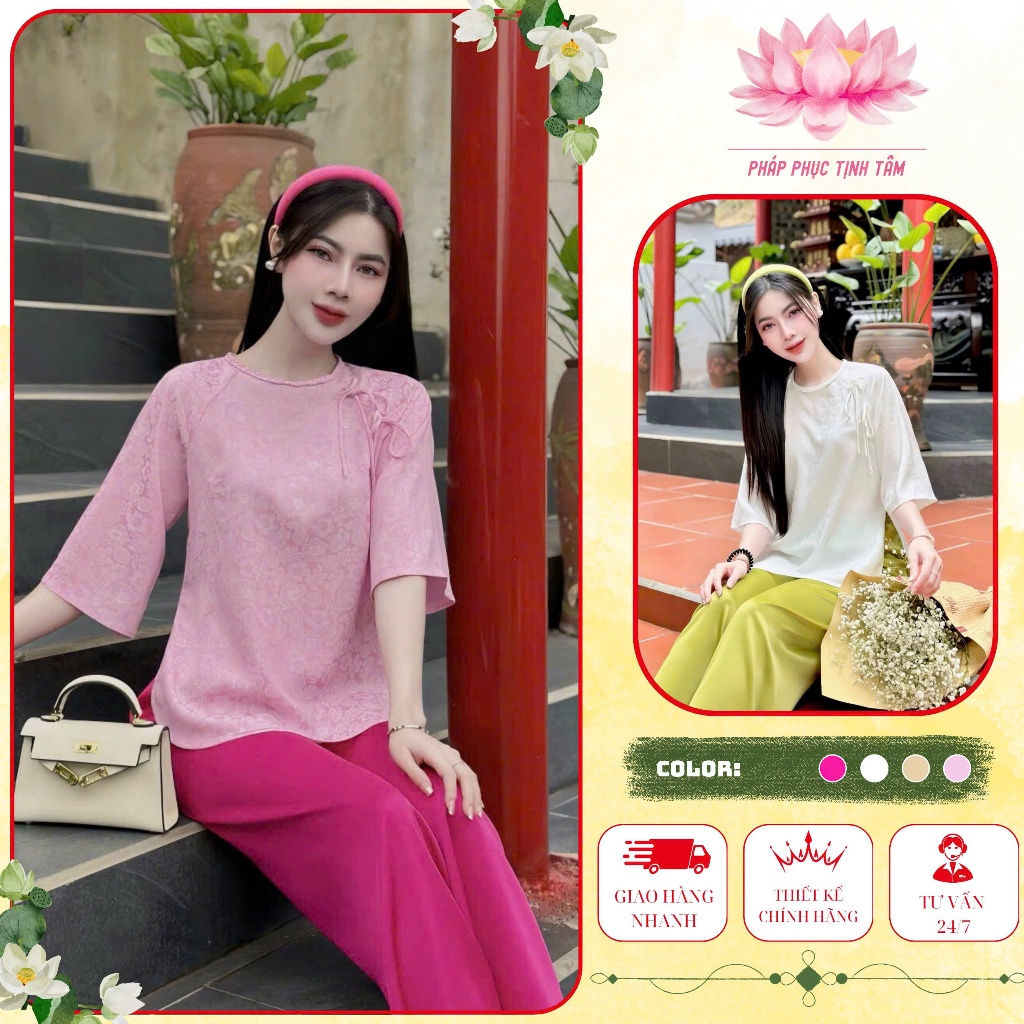 ÁO LẺ  Bộ đi chùa chất liệu lụa trượt đính cúc nơ ngọc trai cao cấp - Pháp Phục Tịnh Tâm -48-68lg- 4 size S,M,L,XL