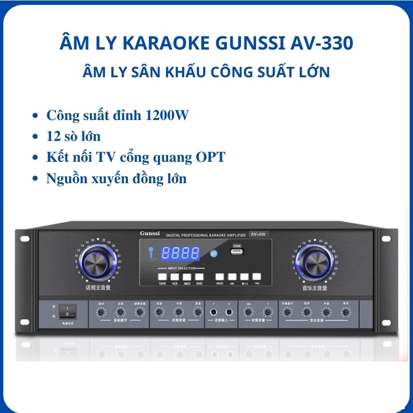 Amply karaoke bluetooth, Đẩy liền vang Gunssi AV 330. Âm ly công suất lớn, đánh loa bass 30, 40. Bảo hành 12 tháng
