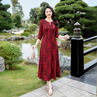  Đầm trung niên nữ thiết kế LYBEE LV959 cổ tròn tặng mẹ chất thun kim sa ánh nhũ co giãn cao cấp 