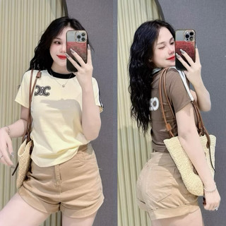 Áo thun PHOM ÔM nữ sọc tay chữ nổi trước sau ( Mã ELIN )