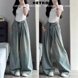 Quần Jean Nữ Ông Suông Cạp Cao Wash Màu Retro Quần Jean Xuông Ly Trước Ống Rộng - Retrostyle 