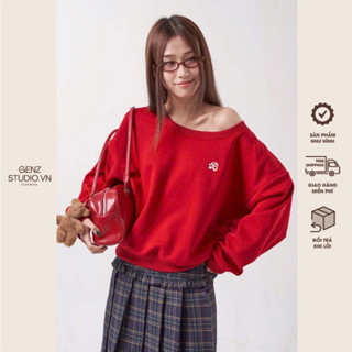 Áo Sweater Trễ Vai Nỉ IN Logo Mini Nhiều Màu Nữ Tính Thu Đông GENZ