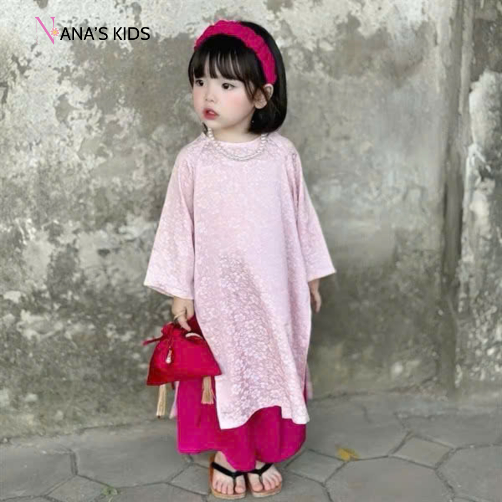 Áo dài tết cho bé gái kèm bườm chất lụa mango in vân hoa mềm 10-27kg NANA'S KIDS