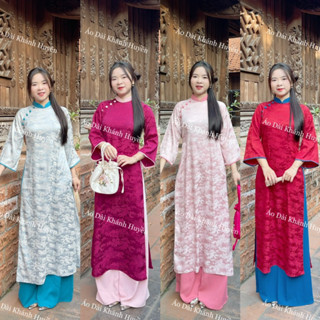 Áo dài cách tân dáng suông Gấm Hoa Viên đính cúc nổi bật nhẹ nhàng, duyên dáng mặc lễ tết cưới hỏi- Áo Dài Khánh Huyền