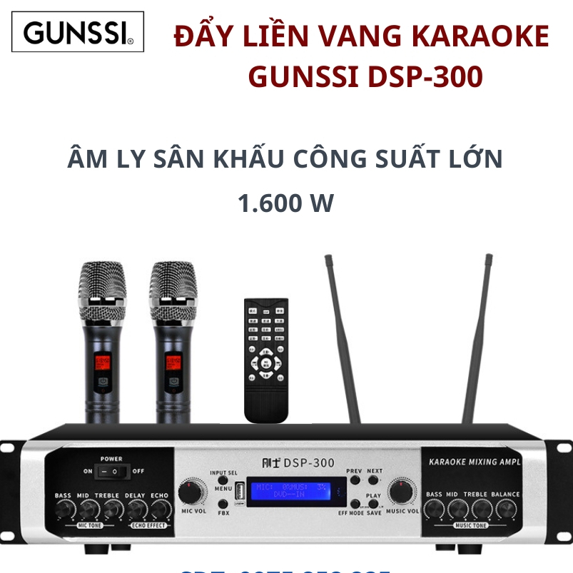 Đẩy liền vang Bluetooth Gunssi DSP 300 kèm mic. Đẩy công suất, Âm ly công cuất lớn, Âm ly karaoke cô