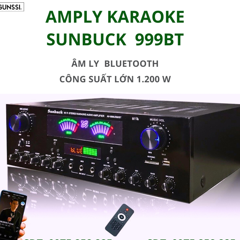 Âm ly karaoke bluetooth Gunssi - Sunbuck 999BT, Đẩy liền vang, Âm ly công suất lớn, amply karaoke