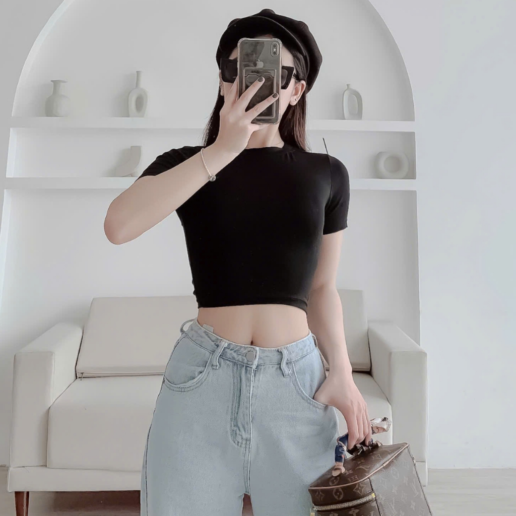 Áo Croptop Tay Ngắn Cổ Tròn _ Chất Borip Dày Dặn Mềm Mại Co Giản Mạnh Size 53kg Ảnh Thật 100% | BigBuy360 - bigbuy360.vn