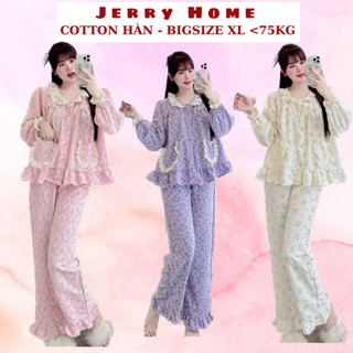 Đồ Bộ Bigsize 60-75kg, Đồ Ngủ Nữ Cotton Hàn Tiểu Thư Phối Ren Xinh Xắn Jerry Home