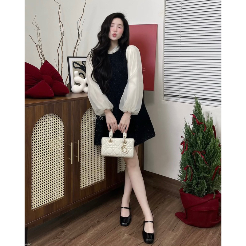 Váy dạ lông cổ ngọc dáng xuông tay bồng chất tơ 2 lớp tiểu thư thanh lịch, váy dạ dáng xuông cao cấp