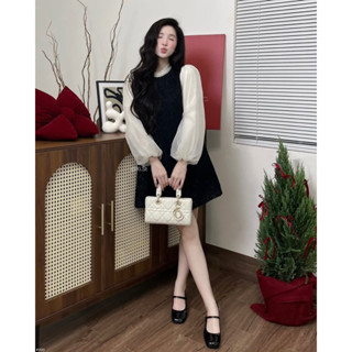 Váy dạ lông cổ ngọc dáng xuông tay bồng chất tơ 2 lớp tiểu thư thanh lịch, váy dạ dáng xuông cao cấp