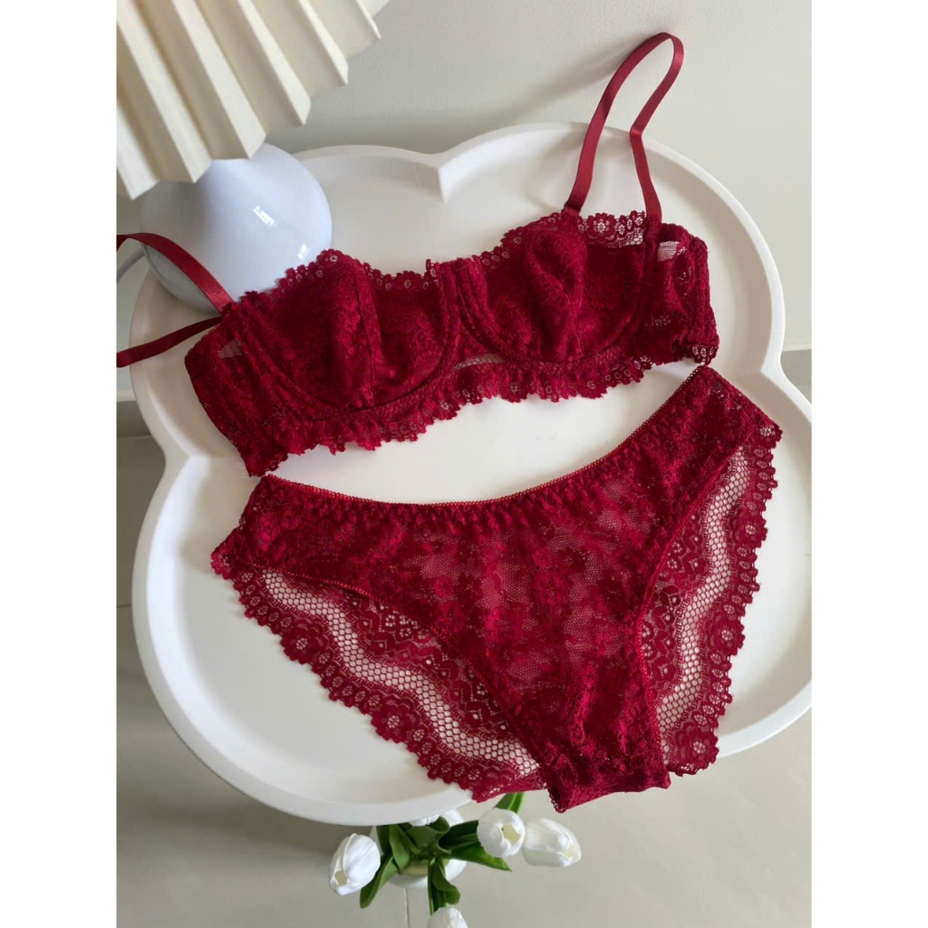 MELINA - Bộ Đồ Lót Ren Nữ Đỏ Đô Viền Mi Áo Cup Ngang Có Gọng Quần Lót Ren Cánh Tiên Không Lộ Viền Mông Mebra | BigBuy360 - bigbuy360.vn