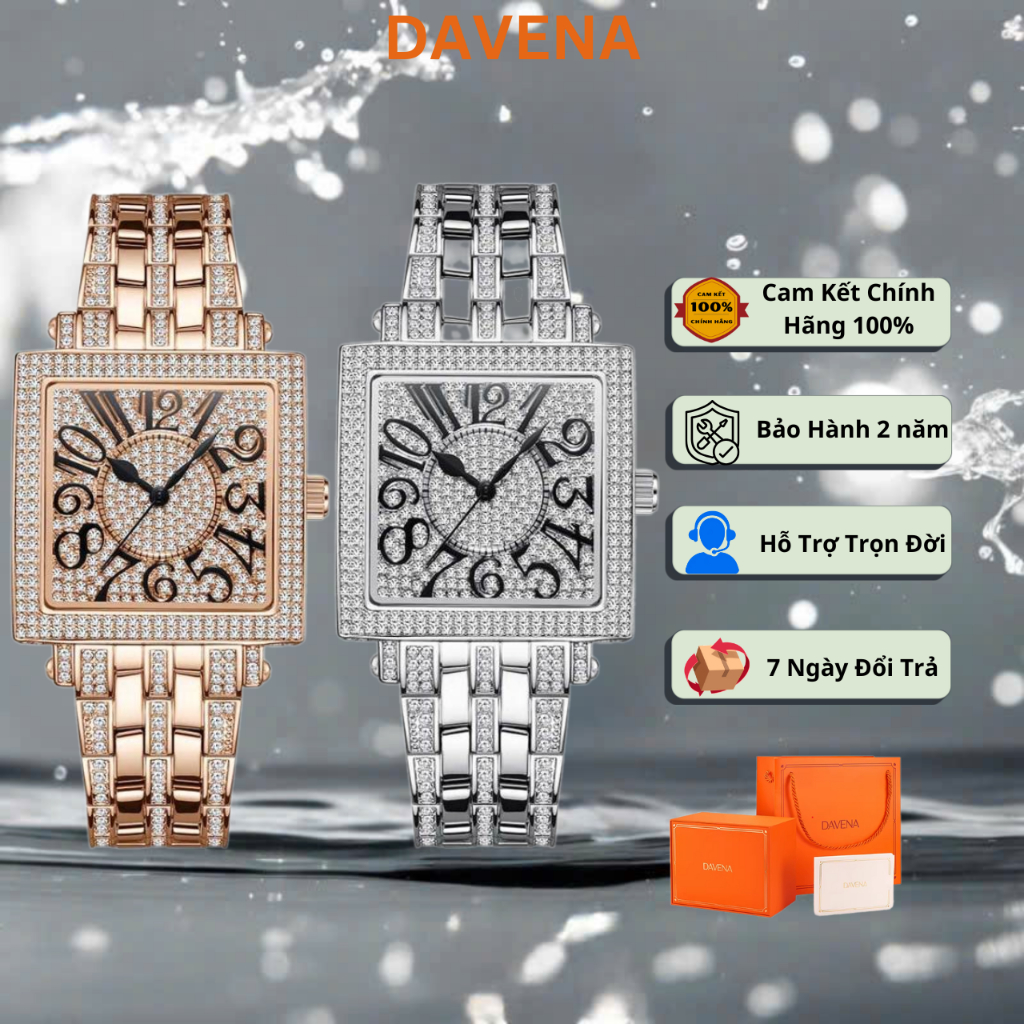 Chính hãng đồng hồ nữ dây thép Davena D61151,Size:36mm,mặt vuông,đính đá,máy pin Miyota Nhật