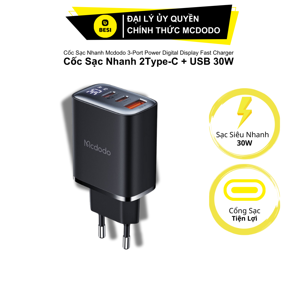  Cốc Sạc Nhanh Mcdodo 30W Đa Năng 3 Cổng | 2 Type-C + 1 USB Màn Hình Kỹ Thuật Số 