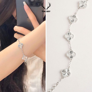  Lắc tay nữ The Sky vòng tay màu bạc khắc cách điệu Five Four Leaf Clovers Bracelet cỏ 4 lá đem lại may mắn 