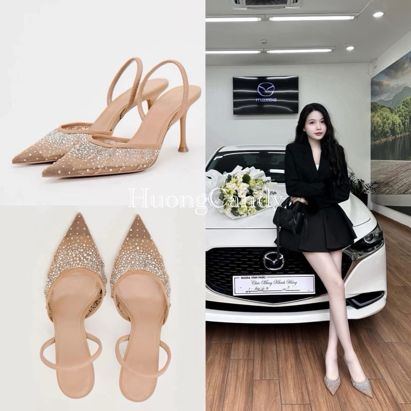 (lùi 1sz) )Giày Cao Gót ZR Vải Lưới Đính Đá Quai Trước 8cm FULLBOX(sẵn-nên tăng size)