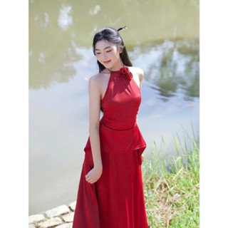P130 - Set lụa áo yếm nữ nhún eo phối chân váy dài form bí nữ tính đi chơi đi tiệc