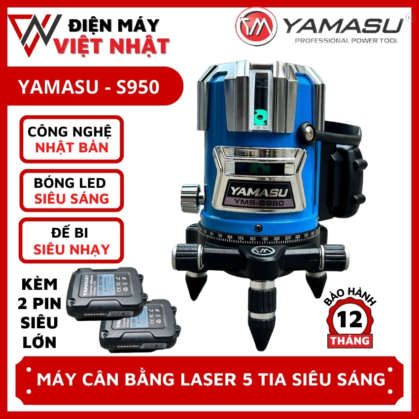 Máy cân bằng laze, máy cân mực 5 tia xanh Yamasu YMS -S950 dùng ngoài trời,điều khiển từ xa, 2 pin d