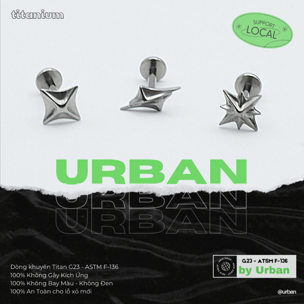 [1 Mặt Khuyên] Khuyên tai, chất liệu titan G23 F136 SAO BĂNG Không Bay Màu Không Ngứa urban  [XỎ]