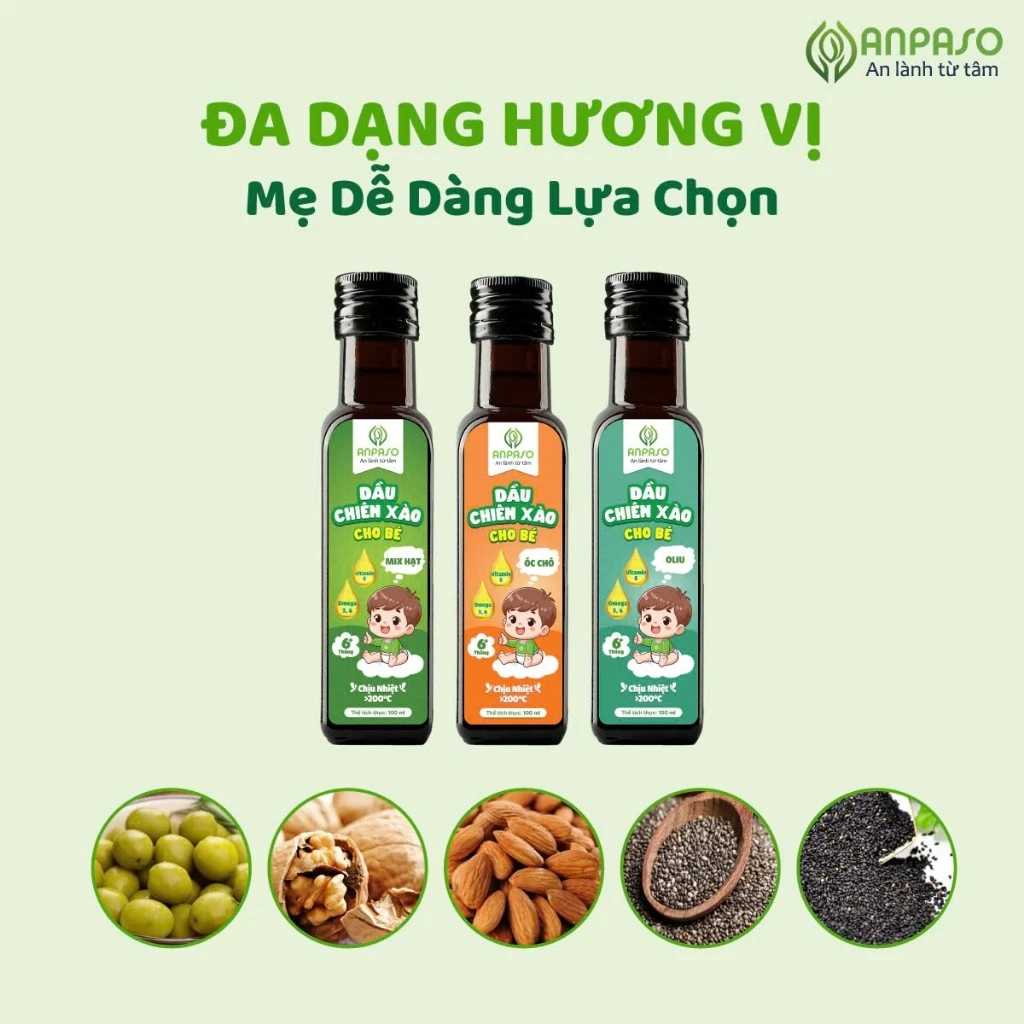 [GIÁ TỐT - CHÍNH HÃNG ] Dầu chiên xào Bổ não cho bé ăn dặm Anpaso- 3 loại - Oliu- Mix hạt - Ốc chó dung tích 100 ml