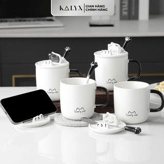   Tặng kèm túi giấy  Ly Sứ - Cốc Sứ Hình Mèo Có Giá Đỡ Điện Thoại dung tích 350ml - Ly Sứ Quà Tặng KALYX 