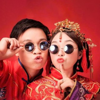  Mắt kính ngố thầy bói chụp ảnh mặc áo dài Tết 2025 kính râm mặt tròn chụp ảnh cưới style cổ trang 