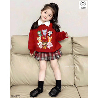 Set bộ áo nỉ BABYTHREE kết hợp cổ sơmi trắng rời mix chân váy kẻ kèm quần nhà Elaine cho bé gái size từ 12-45 cân ELN170