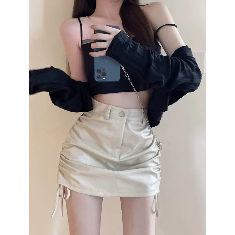 chân váy da nhún kiểu