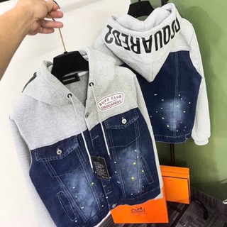 Áo khoác bò có mũ nam nữ DSQ denim xanh bạc vảy sơn phối ghép nỉ xám in chữ mũ 2 lớp boy phố hot nhất 2024