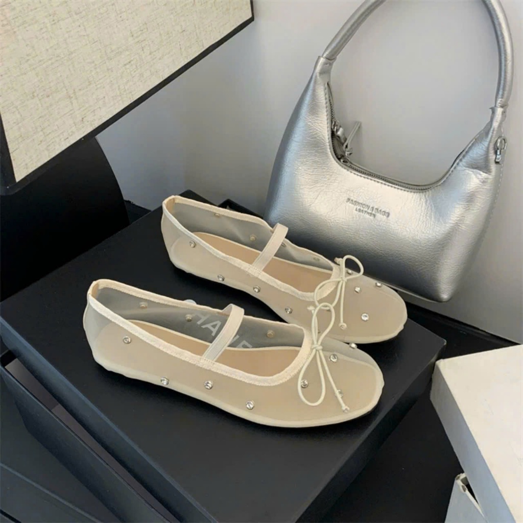 Giày búp bê lưới nơ đính đá