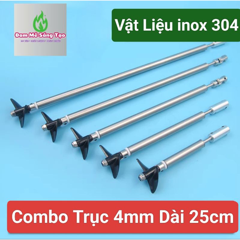 Combo Trục Láp 4mm 25cm, khớp nối 3.17mm, 4mm, 5mm Tuỳ Trục Motor ,có chân vịt, inox 304 chế tầu, ca