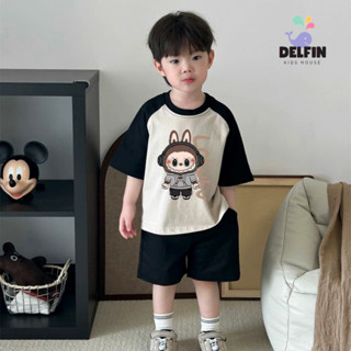 Áo thun ngắn tay bé trai phối màu in hình labubu, capybara Delfinkids, áo thun bé cotton 4c phối màu form rộng 10-30kg