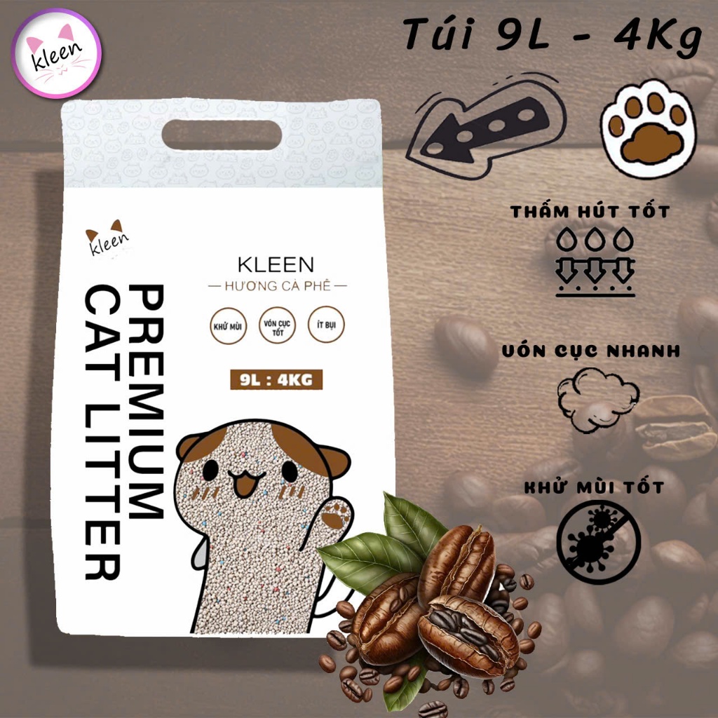Cát Vệ Sinh Cho Mèo Premium Cat Litter Kleen, Cát Mèo Siêu Vón Cục túi 9l - 4kg - CM01