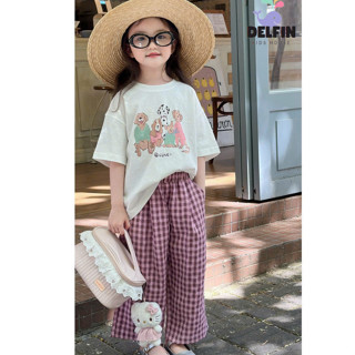 Sét bé gái mặc tết quần dài kẻ caro ống rộng suông + áo thun in hình ngắn tay cotton 4c delfinkid, sét bé gái quần dài