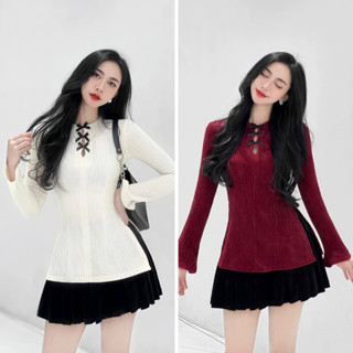 Set Váy Ngắn Áo Len Tay Dài Sanjoli Set Đồ Tết nữ áo tay dài và chân váy xếp ly AO018 - CV013