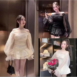  SÉT  Áo  REN Lưới TRỄ Vải Tay dài Tiểu thư chân  váy 3 lớp xoè Tôn Dáng Thảo cherry stone 