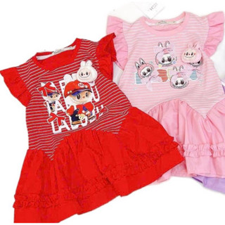 BN151 -[VÁY NGANG GỐI] Váy thun in kẻ phối thô cotton in Labubu cho bé gái diện Noel, Tết (10-40kg)KÈM GẤU BÔNG