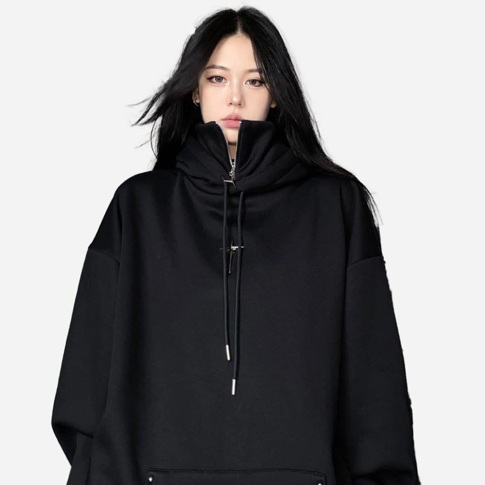 U1 - Áo hoodie nam nữ cổ cao dáng rộng phối khóa kéo thời trang kiểu Ninja, áo nỉ hoodie Retro Mỹ, áo khoác hoodie